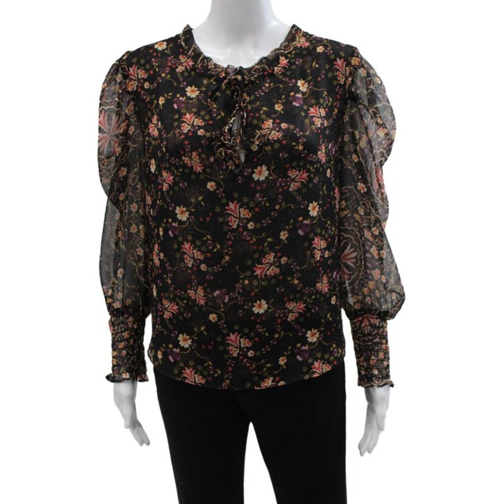 Misa Womens Tunic Blouse Black Floral Long Sleeve Round Neck Tie Size XS